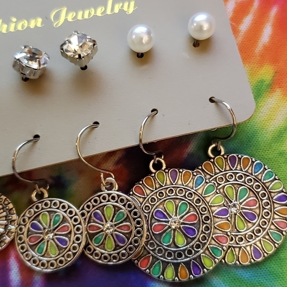 Nwt Silver Turquoise Boho Drop Dangle Earrings Stud Earrings Set of 6 - Picture 3 of 4